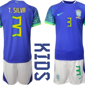 Kindertrikot Brasilien WM 2022 Auswärtstrikot blaue weiß fußballtrikots kaufen T.SILVA 3