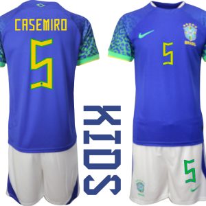 Kindertrikot Brasilien WM 2022 Auswärtstrikot blaue weiß Kurzarm Trainingsanzug CASEMIRO 5