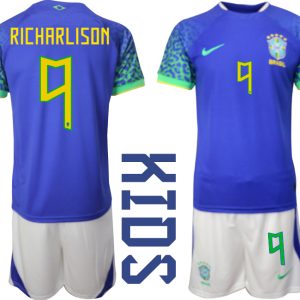 Kindertrikot Brasilien WM 2022 Auswärtstrikot blaue weiß Kurzarm Trainingsanzug RICHARLISON 9