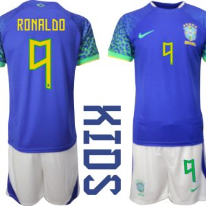 Kindertrikot Brasilien WM 2022 Auswärtstrikot blaue weiß Kurzarm Trainingsanzug RONALDO 9