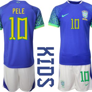 Kindertrikot Brasilien WM 2022 Auswärtstrikot blaue weiß mit Aufdruck PELE 10