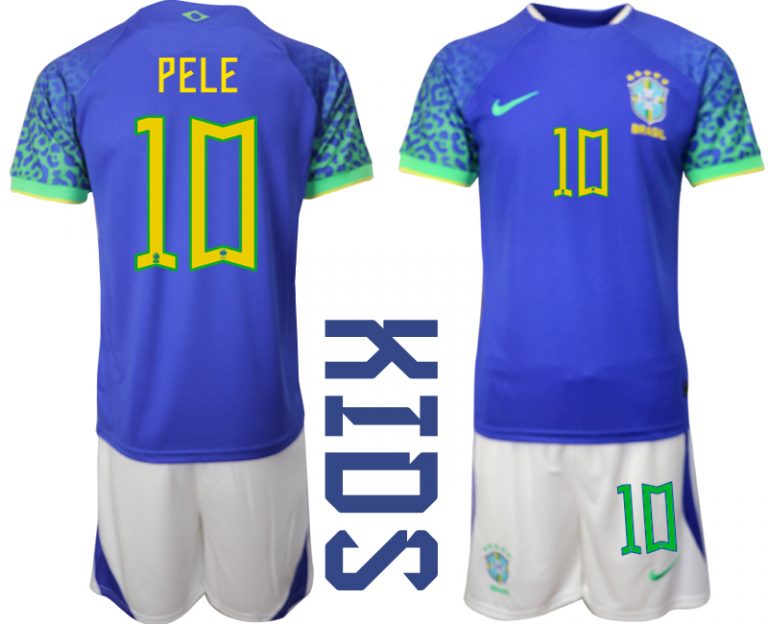 Kindertrikot Brasilien WM 2022 Auswärtstrikot blaue weiß mit Aufdruck PELE 10