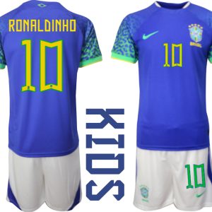 Kindertrikot Brasilien WM 2022 Auswärtstrikot blaue weiß mit Aufdruck RONALDINHO 10