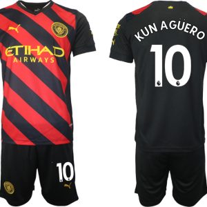 KUN AGÜERO 10 Manchester City Auswärtstrikot 2022/2023 schwarz rot Kurzarm + Kurze Hosen