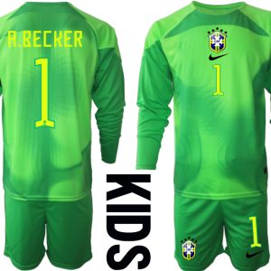 A.BECKER 1 Kindertrikot Brasilien 2022/23 Torwarttrikot grün Langarm + Kurze Hosen