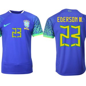 EDERSON M.#23 Herren Brasilien FIFA WM Katar 2022 Auswärtstrikot blau Kurzarm Fußballtrikots Sale