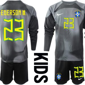 EDERSON M.23 Kindertrikot Brasilien 2022/23 Torwarttrikot Schwarz Langarm + Kurze Hosen