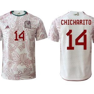 Fußballtrikot für Herren Mexiko FIFA WM Katar 2022 Auswärtstrikot weiß rot Kurzarm CHICHARITO 14