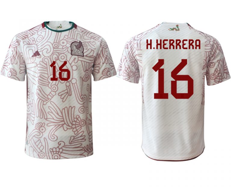 Fußballtrikot für Herren Mexiko FIFA WM Katar 2022 Auswärtstrikot weiß rot Kurzarm H.HERRERA 16