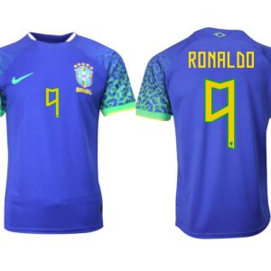 Herren Brasilien FIFA WM Katar 2022 Auswärtstrikot blau Kurzarm mit Aufdruck RONALDO 9