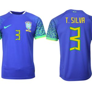 Herren Brasilien FIFA WM Katar 2022 Auswärtstrikot blau Kurzarm mit Aufdruck T.SILVA 3