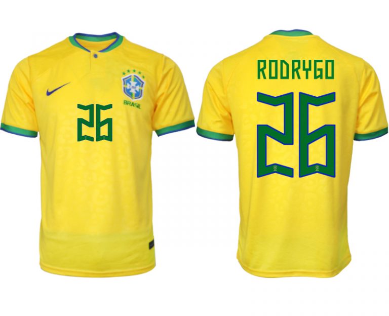 Herren Brasilien FIFA WM Katar 2022 Heimtrikot gelb Kurzarm mit Namen RODRYGO 26