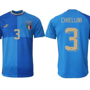 Herren Italien Trikots 2022-23 Heimtrikot Blau Kurzarm mit Aufdruck CHIELLINI 3