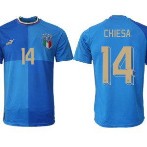 Herren Italien Trikots 2022-23 Heimtrikot Blau Kurzarm mit Aufdruck CHIESA 14