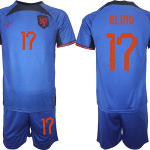 Herren Niederlande Auswärtstrikot blau Fußball WM 2022 Kurzarm + Kurze Hosen BLIND 17