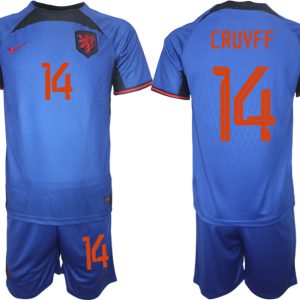 Herren Niederlande Auswärtstrikot blau Fußball WM 2022 Kurzarm + Kurze Hosen CRUYFF 14