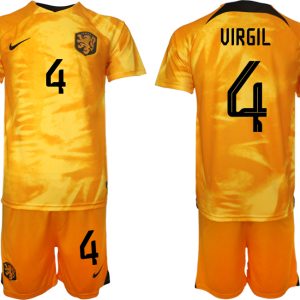 Herren Niederlande Heimtrikot WM 2022 Fußballtrikot Orange Kurzarm mit Aufdruck VIRGIL 4