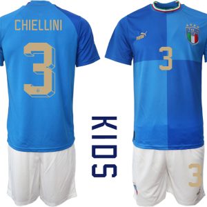 Italien Trikots für Kinder zum Fußballspielen 2022-23 in Blaue CHIELLINI 3