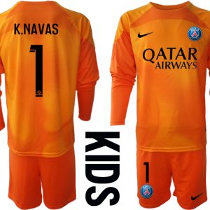 K.NAVAS 1 Paris Saint Germain PSG Goalkeeper 2022/23 Orange Langarm Kinder Fußball Trikot