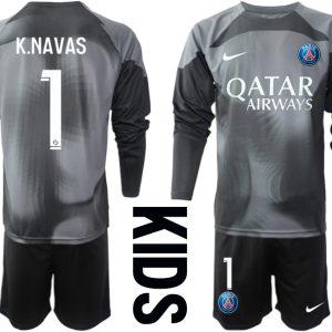 K.NAVAS 1 Paris Saint Germain PSG Goalkeeper 2022/23 schwarz Langarm Trikotsatz für Kinder