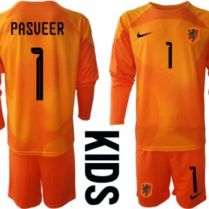 Kinder Niederlande Torwarttrikot 2022-23 Trikotsatz orange Langarm mit Aufdruck PASVEER 1