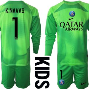 Kinder Paris Saint Germain PSG Goalkeeper 2022/23 grün Langarm Trikotsatz Kit K.NAVAS 1