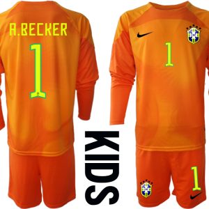 Kindertrikot Brasilien 2022/23 Torwarttrikot orange Langarm mit Aufdruck A.BECKER 1