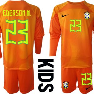 Kindertrikot Brasilien 2022/23 Torwarttrikot orange Langarm mit Aufdruck EDERSON M.23