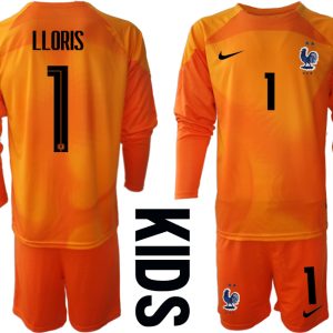 LLORIS #1 Frankreich 2022/23 Torwarttrikot orange Langarm Trikotsatz für Kinder