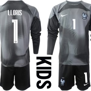 LLORIS #1 Frankreich 2022/23 Torwarttrikot schwarz Langarm Trikotsatz für Kinder