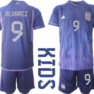 ALVAREZ #9 Kinder Argentinien WM 2022 Auswärtstrikot Lila Kurzarm + Kurze Hosen