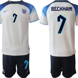 BECKHAM #7 Herren England Fußball-WM 2022 Heimtrikot weiß blau Kurzarm + Kurze Hosen