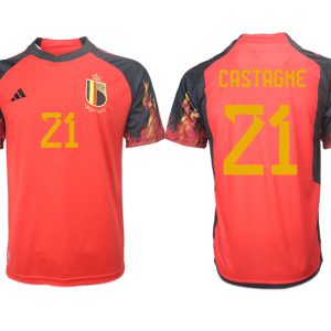 Belgien FIFA WM Katar 2022 rot schwarz Herren Heimtrikot Kurzarm mit Namen CASTAGNE 21