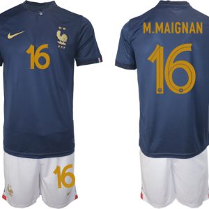 Billige Frankreich WM 2022 Heimtrikot Marineblau Kurzarm + Kurze Hosen M.MAIGNAN 16