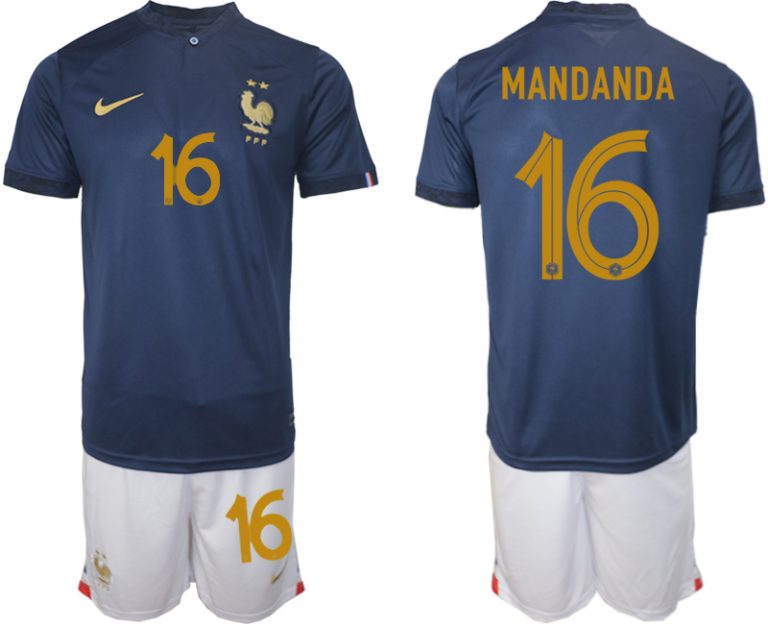 Billige Frankreich WM 2022 Heimtrikot Marineblau Kurzarm + Kurze Hosen MANDANDA 16