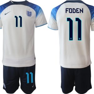 FODEN #11 Herren England Fußball-WM 2022 Heimtrikot weiß blau Kurzarm + Kurze Hosen