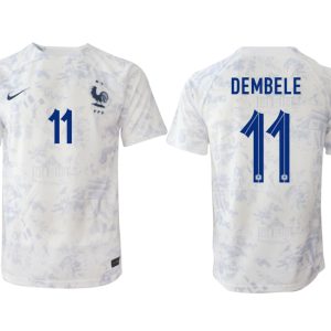 Fußballtrikot für Herren Frankreich Fußball WM 2022-23 Auswärtstrikot weiß Kurzarm DEMBELE 11