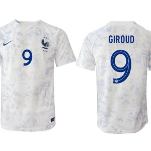 Fußballtrikot für Herren Frankreich Fußball WM 2022-23 Auswärtstrikot weiß Kurzarm GIROUD 9