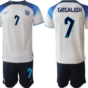 GREALISH #7 Herren England Fußball-WM 2022 Heimtrikot weiß blau Kurzarm + Kurze Hosen