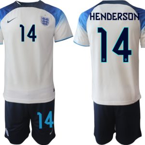 HENDERSON #14 Herren England Fußball-WM 2022 Heimtrikot weiß blau Kurzarm + Kurze Hosen