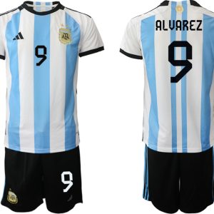 Herren Argentinien T-Shirt Fußball-WM 2022 World Cup Heimtrikots mit Aufdruck ALVAREZ 9