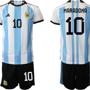 Herren Argentinien T-Shirt Fußball-WM 2022 World Cup Heimtrikots mit Aufdruck MARADONA 10