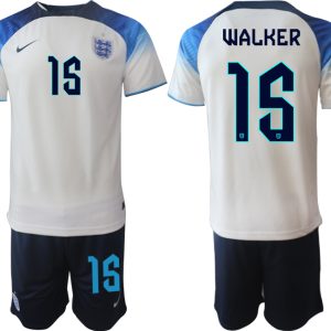 Herren England Fußball-WM 2022 Heimtrikot weiß blau Kurzarm Trikotsatz mit Aufdruck WALKER 15