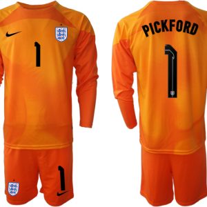 Herren England Torwarttrikot 2022/23 orange Trikotsatz Langarm + Kurze Hosen mit Aufdruck PICKFORD 1