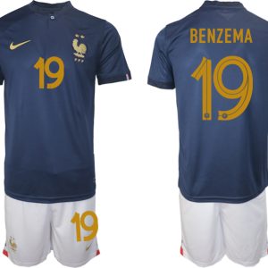 Herren Frankreich WM 2022 Heimtrikot Marineblau Kurzarm + Kurze Hosen BENZEMA 19