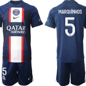 Herren Paris Saint Germain PSG 2022-23 Heimtrikot Kurzarm + Kurze Hosen mit Namen MARQUiNHOS 5