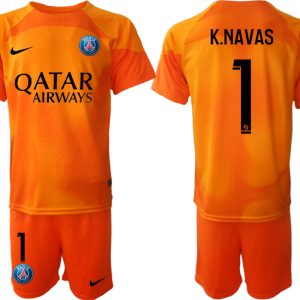 Herren Paris Saint Germain PSG Torwarttrikot 2023 orange Kurzarm Trikotsatz K.NAVAS 1