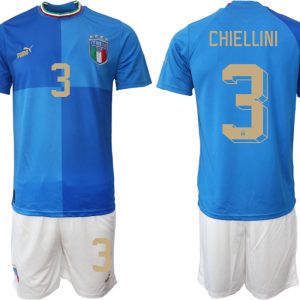 Italien EURO 2022 Heimtrikots für Herren blau Kurzarm + weiß Kurze Hosen CHIELLINI 3