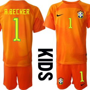 Kinder Brasilien 2022/23 Torwarttrikot in orange Trikotsatz Kurzarm + Kurze Hosen A.BECKER 1