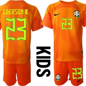 Kinder Brasilien 2022/23 Torwarttrikot in orange Trikotsatz Kurzarm + Kurze Hosen EDERSON M. 23